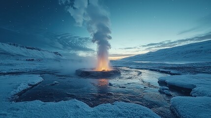 Icelandic Geothermal Wonder: A Nighttime Eruption of Fire and Ice