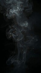 Fototapeta premium Mystical gray smoke plume with glowing golden particles floating in the air, creating an ethereal and magical atmosphere on a black backdrop