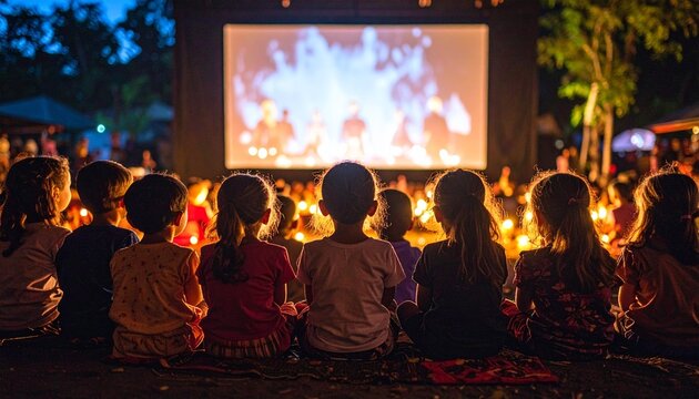 An ultra-realistic photograph taken from behind a group of young children sitting on the ground, watching a Wayang shadow puppet show
