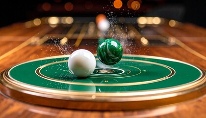 An ultra-realistic, high-speed photograph capturing the moment of impact as one marble hits another, sending it flying out of the designated circle
