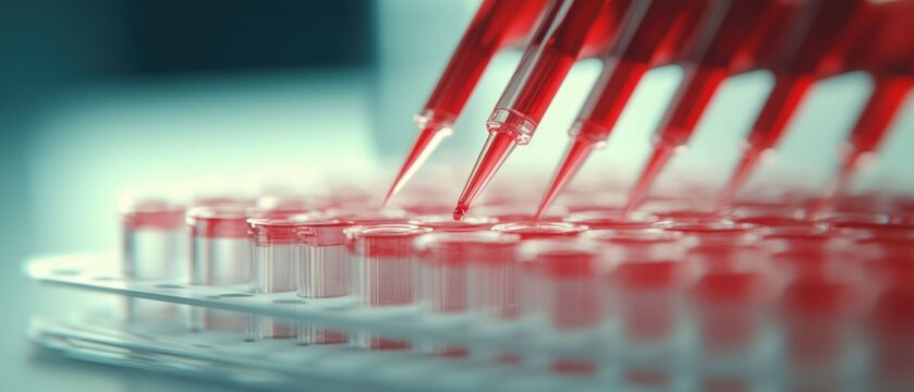 Micropipettes Dispensing Red Liquid into Multiwell Plate