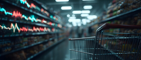 Shopping Cart in Supermarket Aisle with Financial Stock Graph
