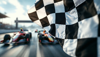 Checkered flag waves as Formula 1 cars blur toward race finish.
