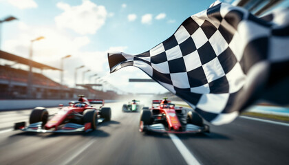 Checkered flag waves as Formula 1 cars blur toward race finish.
