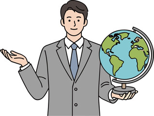 Cartoon person, gray suit, white shirt, blue tie, holding globe, raised hand, global awareness, vector art, isolated, character design