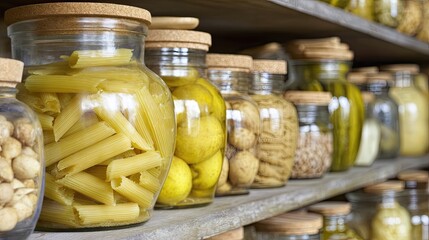 Preserved Organic Vegetables and Pickles Neatly Arranged on a Pantry Shelf for Easy Access