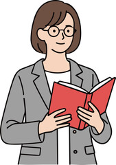 Cartoon person, grey blazer, white shirt, holding red book, reading pose, vector art, isolated, character design, learning, education