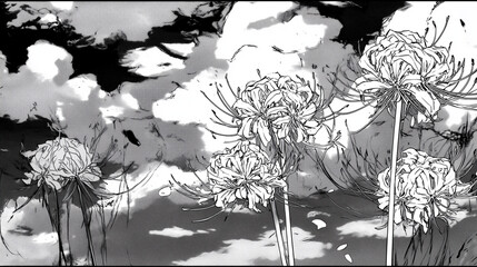 Monochrome illustration of white spider lilies and dramatic sky　白黒の彼岸花イラスト