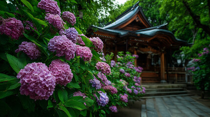Japanese shrine behind blooming purple hydrangeas in the rainy season　アジサイと神社