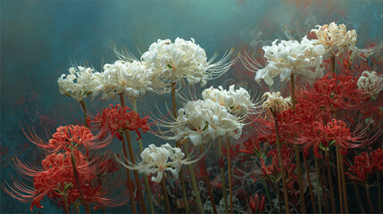 Artistic illustration of red and white spider lilies blooming together　赤と白の彼岸花