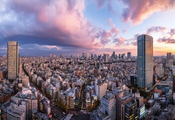 Panoramic view of a sprawling metropolis at sunset