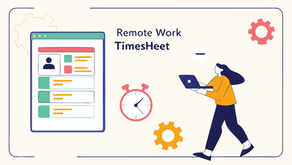 Illustration showing a woman with laptop and a timesheet application for remote work management system