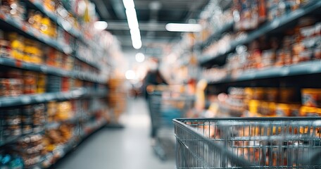Supermarket aisle with blurred shoppers and cart