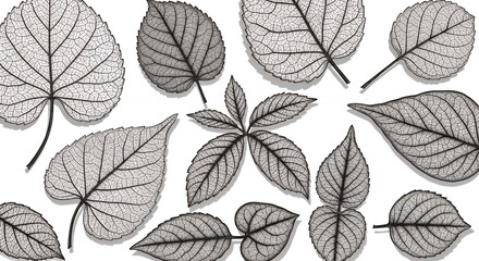 Black and White Skeleton Leaves Arrangement on White Background