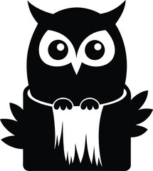 Cute cartoon owl silhouette wearing a scarf isolated on white background