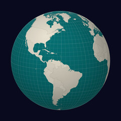 Fototapeta premium Trinidad and Tobago on the map. Globe centered to Trinidad and Tobago. Country location on the world map. Teal Pale Mint color palette. Globe with countries, meridians and parallels.