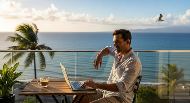 Young businesspeople with laptops sit on a terrace at sunset, smiling while working with the ocean in the background