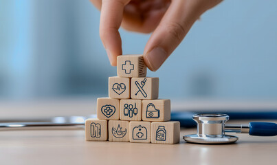 Healthcare Planning Concept with Wooden Blocks and Stethoscope – Generative AI