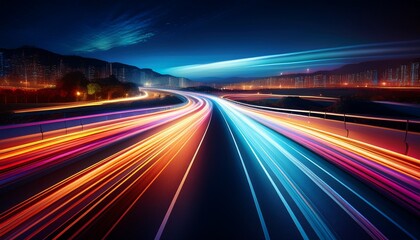 night highway with blurred car lights create abstract patterns of speed and motion