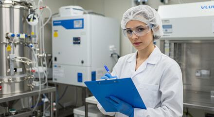 Scientist Taking Notes in Laboratory with Advanced Equipment on transparent background