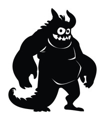 Cute cartoon monster character with horns and wide smile silhouette. Happy funny creature for kids design. Vector illustration