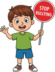 Smiling cartoon boy holding stop bullying sign, standing against white background, anti-bullying awareness illustration for school education campaign