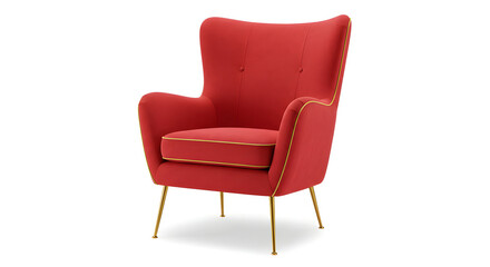 Fototapeta premium Mid Century Modern Red Velvet Accent Chair Gold Legs Home Decor Comfortable Seating Furniture Interior Design Room Decor Stylish Armchair Living Room