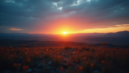 Naklejka premium Breathtaking sunset casting warm orange and red hues across a tranquil field of wildflowers and distant mountains under a dramatic sky.