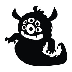 Cute cartoon monster character with multiple eyes silhouette. Funny spooky creature with horns. Vector illustration