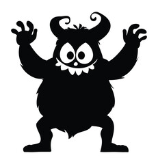 Cute cartoon monster character with horns and wide eyes silhouette. Funny furry creature making threatening gesture. Vector illustration