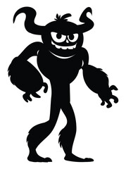 Cute cartoon monster character with horns and menacing smile silhouette. Funny furry creature making a scary gesture. Vector illustration