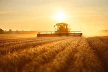 Obraz premium Golden hour harvesting: large combine harvester in high detail landscape