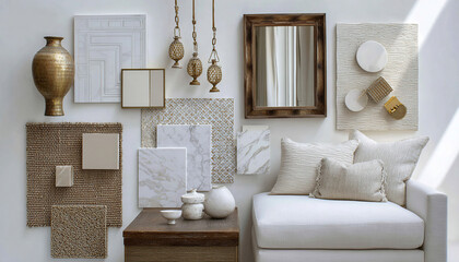 Interior design mood board inspired by natural style, combining textures, marble, wood, and neutral tones to create an elegant living room.