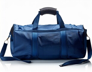 stylish dark blue duffel bag with shoulder strap isolated on white background