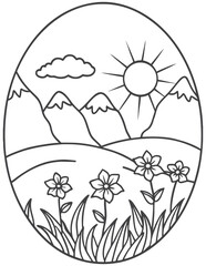 Featuring a sunrise on a mountain, an adult and child colouring page, with a Chamomile and mountains landscape concept. Linea