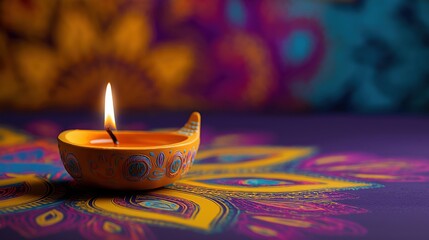 Traditional clay diya oil lamp burning on a colorful rangoli for Diwal