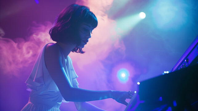 A young woman in white performs electronic music live on stage, immersed in pink-blue lighting, fully focused on the creative process and the show’s vibe