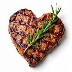 Juicy heart shaped beef steak with golden crust and herbs