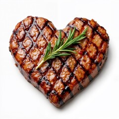 Grilled heart shaped steak with rosemary on white background