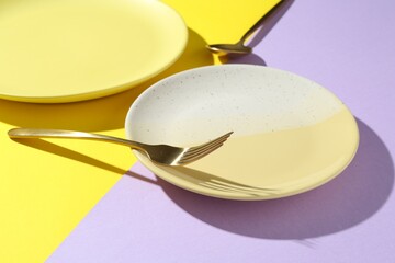 Stylish plates and cutlery on color background, closeup