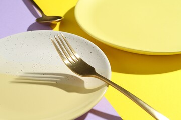 Stylish plates and cutlery on color background, closeup