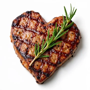 Juicy heart shaped beef steak with golden crust and herbs