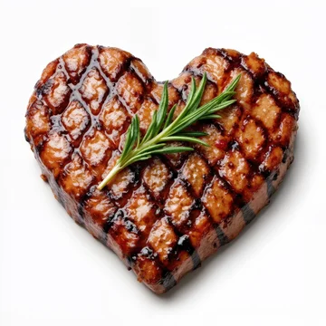 Grilled heart shaped steak with rosemary on white background