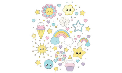 Cute Kawaii Clipart  Adorable Technology, Food, and Stationery Vector Icons