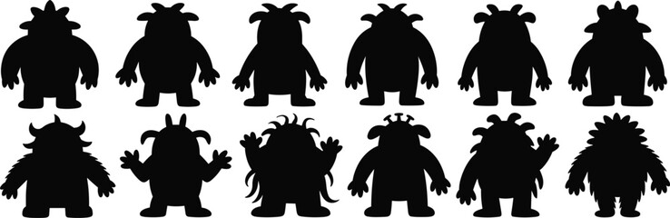 Set of twelve cartoon monster silhouettes with unique horns, spikes, and poses, playful fantasy creatures for vector illustration and design