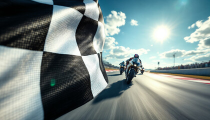 Checkered flag waves as racing motorcycles speed toward the finish line.
