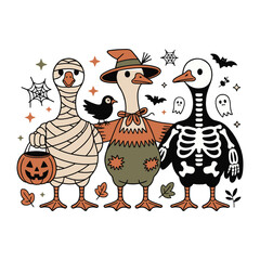 Group of funny geese dressed in Halloween costumes including skeletons and mummies, vector illustration design.