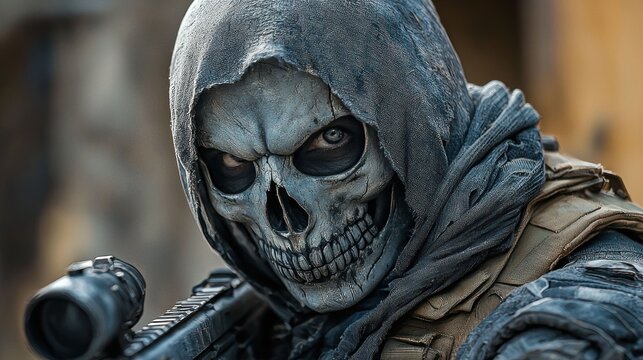Grim Reaper Soldier: A chilling portrait of a soldier in a skull mask, wielding a rifle. The image evokes a sense of war, danger, and mystery. - Powered by Adobe