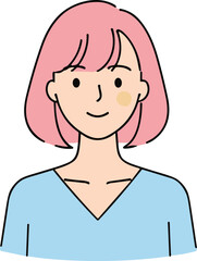 Smiling cartoon woman with pink hair, blue shirt, minimal line art, avatar illustration, modern style, isolated on white background