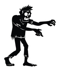 Silhouette of a spooky and scary zombie character with tattered clothes, and outstretched arms. Vector cartoon illustration